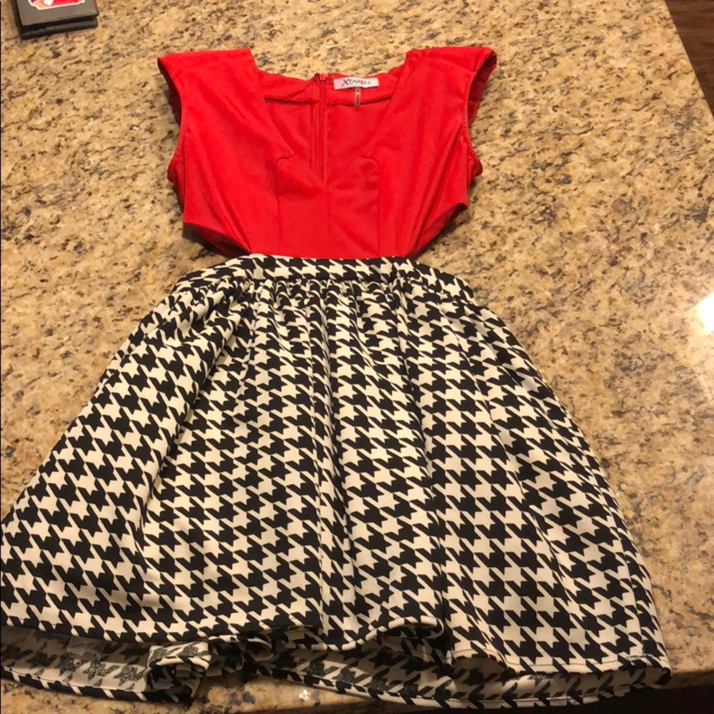 Red and houndstooth flare cut out dress